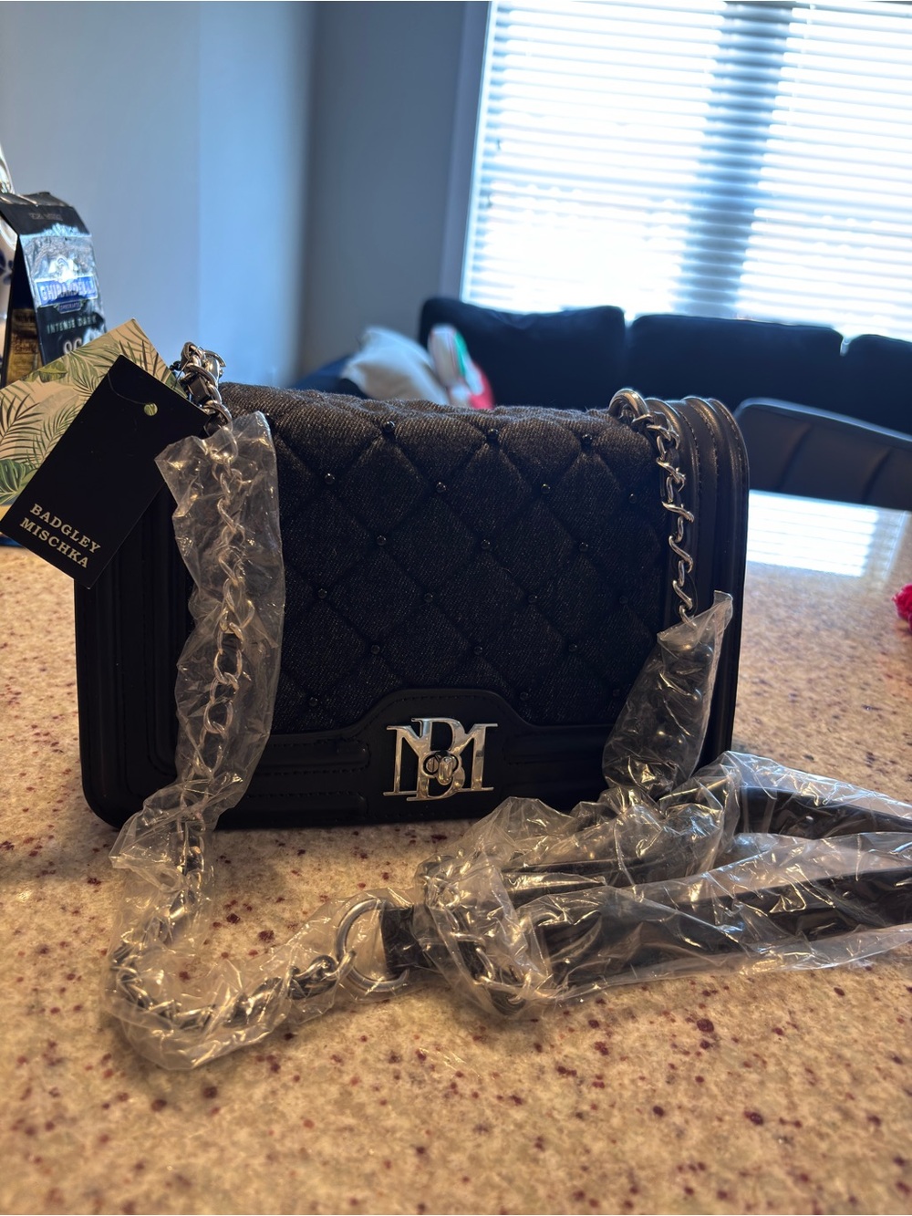 Badgley Mischka Black Denim Quilted Crossbody Bag w/ silver chain pearls NWT
